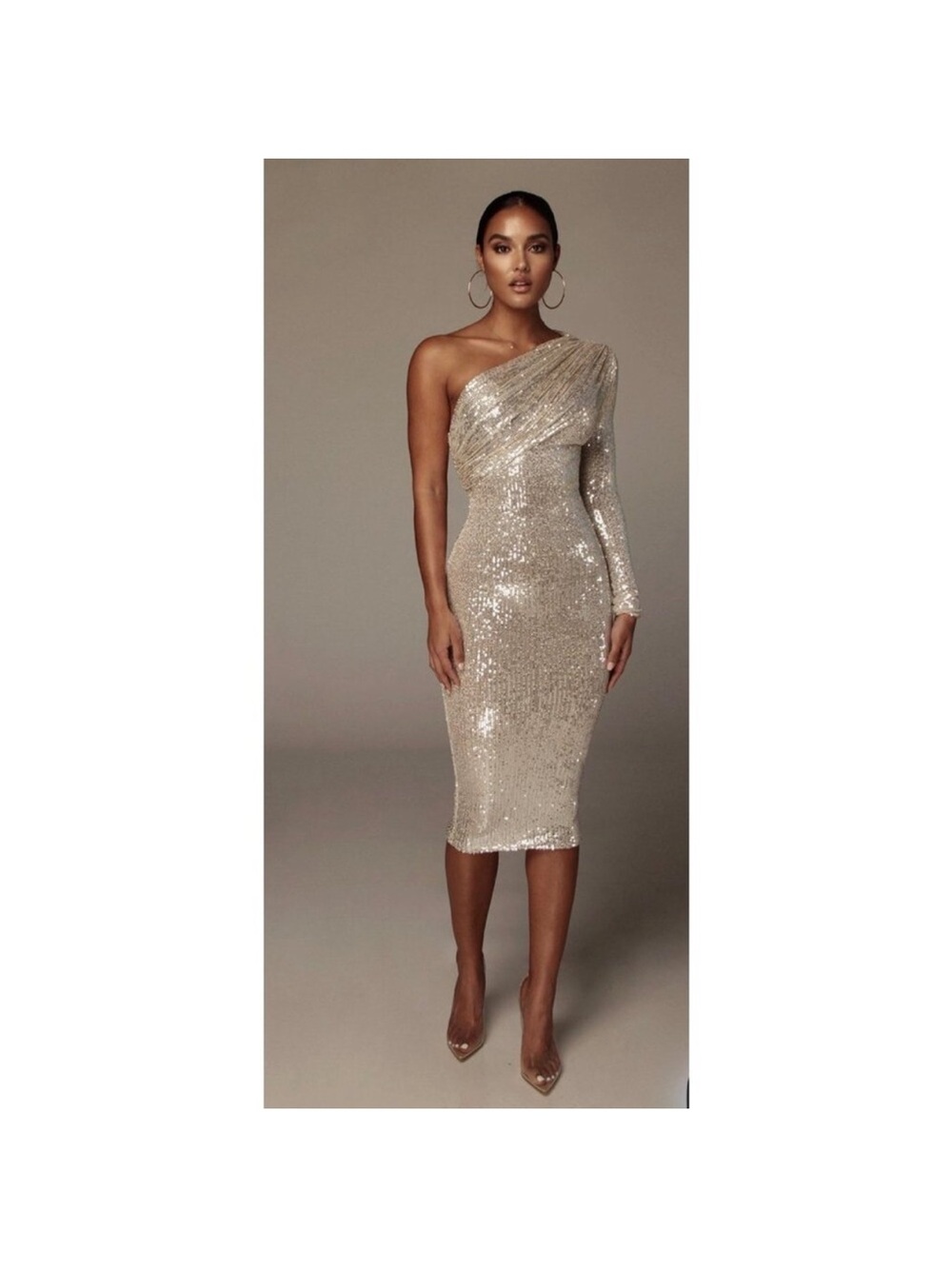 JLUXLABEL One-Shoulder Sequin Midi Dress in silver